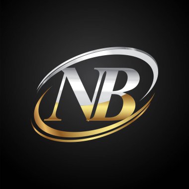 İlk harfi NB logotype şirketi. Renkli altın ve gümüş rengi desenli. Siyah arkaplanda izole.