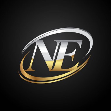 İlk harfi NE logotype şirketi. Renkli altın ve gümüş rengi desenli. Siyah arkaplanda izole.