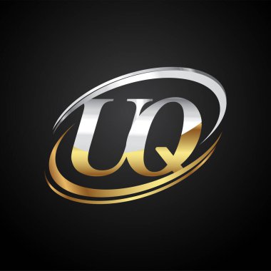 İlk harfi UQ logotype şirketi. Renkli altın ve gümüş rengi desenli. Siyah arkaplanda izole.