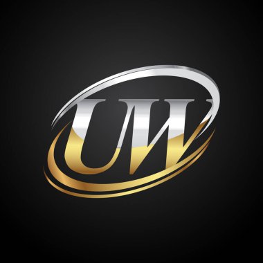 İlk harfi UW logotype şirketi. Renkli altın ve gümüş rengi desenli. Siyah arkaplanda izole.