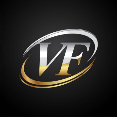 İlk harfi VF logotype şirketi. Renkli altın ve gümüş rengi desenli. Siyah arkaplanda izole.