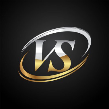 İlk harf VS logotype şirketi. Renkli altın ve gümüş rengi desenli. Siyah arkaplanda izole.