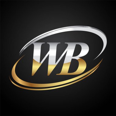 İlk harfi WB logotype şirketi. Renkli altın ve gümüş rengi desenli. Siyah arkaplanda izole.