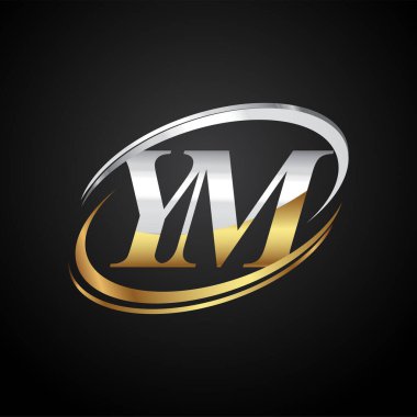 İlk harfi YM logotype şirketi. Renkli altın ve gümüş rengi desenli. Siyah arkaplanda izole.