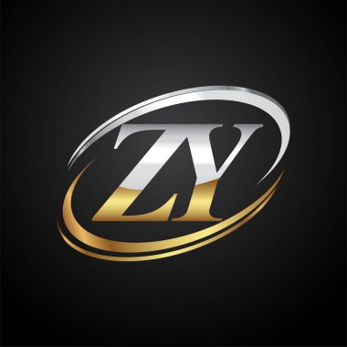 İlk harfi ZY logotype şirketi. Renkli altın ve gümüş rengi desenli. Siyah arkaplanda izole.