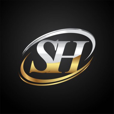 İlk harfi SH logotype şirketi. Renkli altın ve gümüş rengi desenli. Siyah arkaplanda izole.