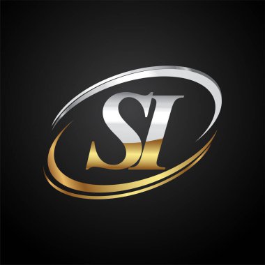 İlk harf SI logotype şirketinin adı altın ve gümüş rengi. Siyah arkaplanda izole.