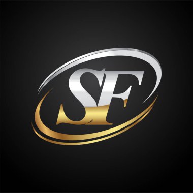 İlk harfi SF logotype şirketi. Renkli altın ve gümüş rengi desenli. Siyah arkaplanda izole.