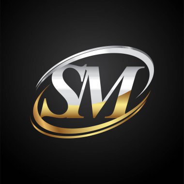 İlk harfi SM logotype şirketi. Renkli altın ve gümüş rengi desenli. Siyah arkaplanda izole.