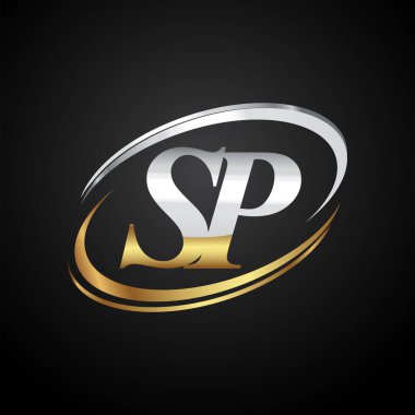 İlk harfi SP logotype şirketi. Renkli altın ve gümüş rengi Swoosh tasarımı. Siyah arkaplanda izole.