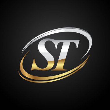 İlk harf ST logotype şirketinin adı altın ve gümüş rengi. Siyah arkaplanda izole.