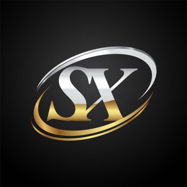 İlk harfi SX logotype şirketi. Renkli altın ve gümüş rengi desenli. Siyah arkaplanda izole.