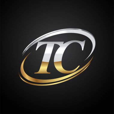 İlk harf TC logotype şirketi. Renkli altın ve gümüş rengi desenli. Siyah arkaplanda izole.