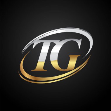 İlk harfi TG logotype şirketi. Renkli altın ve gümüş rengi desenli. Siyah arkaplanda izole.