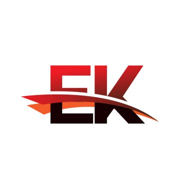 İlk harf: EK logotype şirket adı: Siyah ve kırmızı renkli swoosh tasarımı.