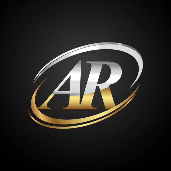首字母Ar标志型公司名称彩色黄金和银粉设计 在黑色背景上隔离 — 图库矢量图片
