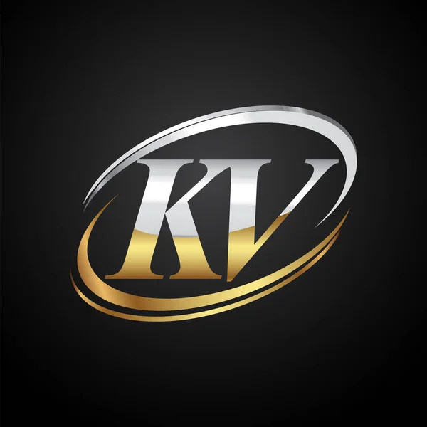 Kv标志公司名称的首字母Kv金色和银色Swoosh设计 在黑色背景上隔离 — 图库矢量图片
