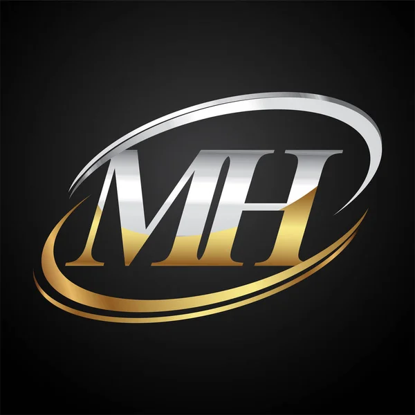 首字母Mh标志型公司名称彩色黄金和银粉设计 在黑色背景上隔离 — 图库矢量图片