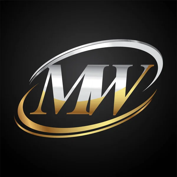 最初的字母Mw标志型公司的名称有色黄金和银Swoosh设计 在黑色背景上隔离 — 图库矢量图片