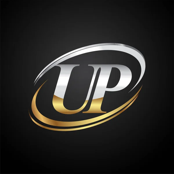 首字母Up标志型公司名称彩色金色和银色Swoosh设计 在黑色背景上隔离 — 图库矢量图片