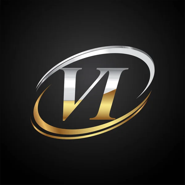 Beginletter Logotype Bedrijfsnaam Gekleurd Goud Zilver Swoosh Ontwerp Geïsoleerd Zwarte — Stockvector