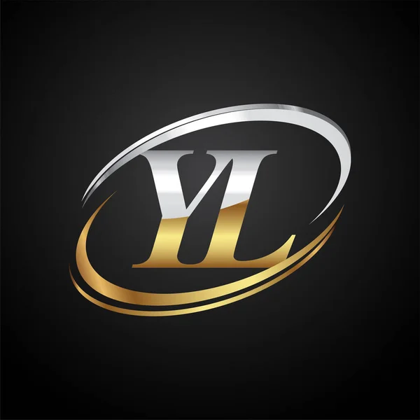 最初的字母Yl标志公司的名称彩色的黄金和银Swoosh设计 在黑色背景上隔离 — 图库矢量图片
