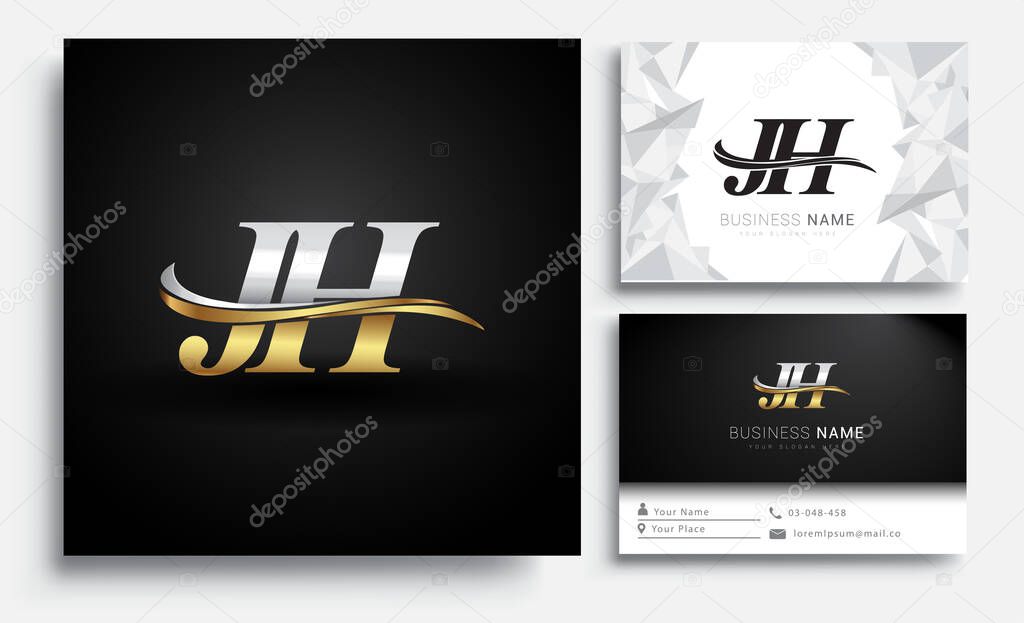 Initial letter JH logotype company name colored gold and silver swoosh design. Vector sets for business identity on white background.