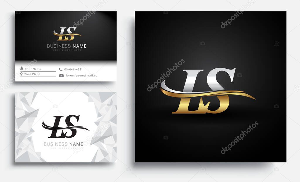 Initial letter LS logotype company name colored gold and silver swoosh design. Vector sets for business identity on white background.