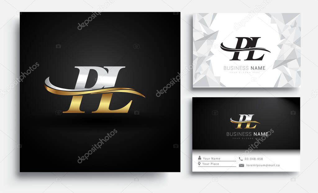 Initial letter PL logotype company name colored gold and silver swoosh design. Vector sets for business identity on white background.