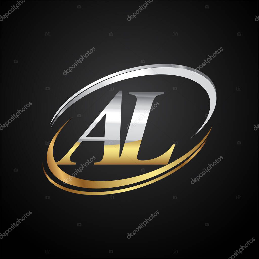 Initial letter AL logotype company name colored gold and silver swoosh design. isolated on black background.