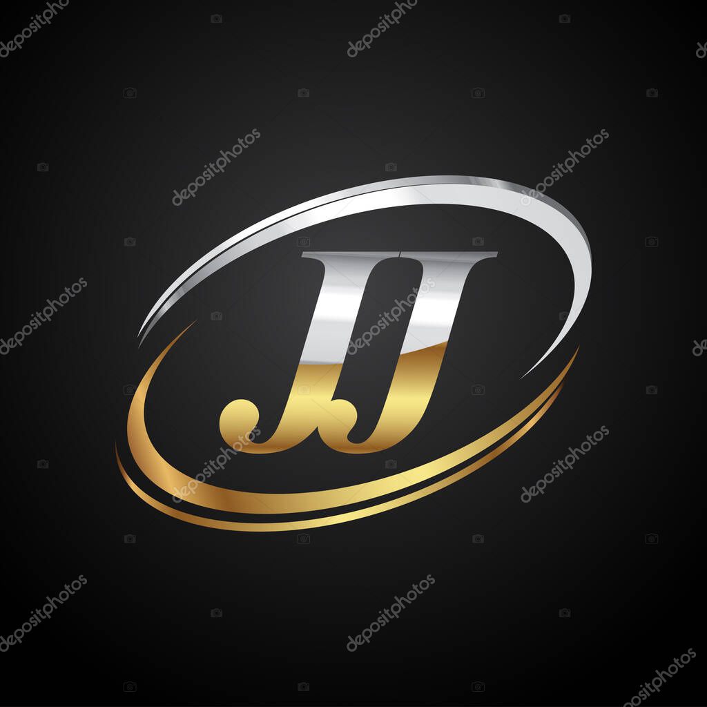 Initial letter JJ logotype company name colored gold and silver swoosh design. isolated on black background.