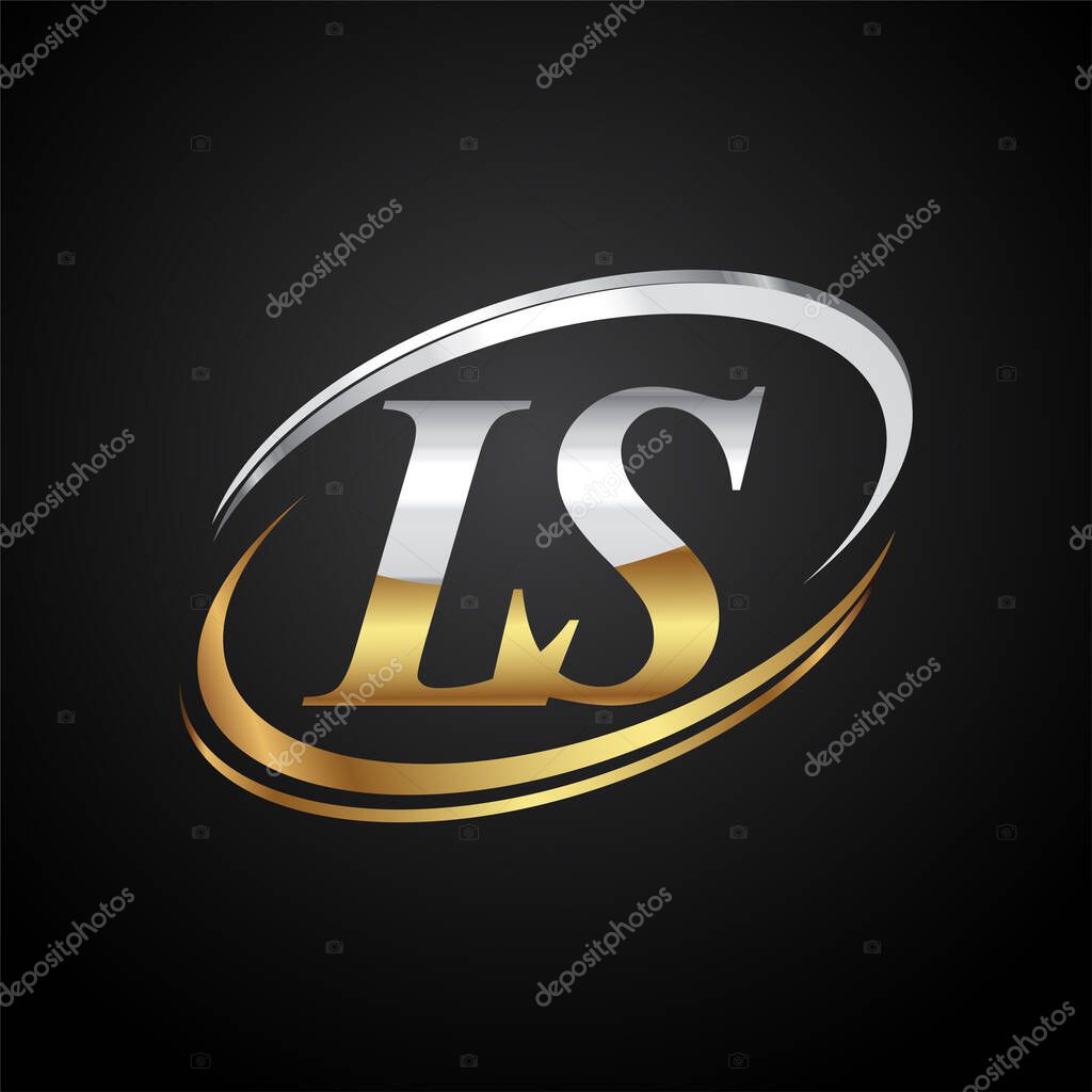 Initial letter LS logotype company name colored gold and silver swoosh design. isolated on black background.