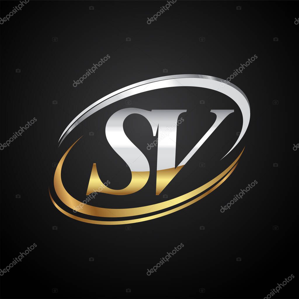 Initial letter SV logotype company name colored gold and silver swoosh design. isolated on black background.