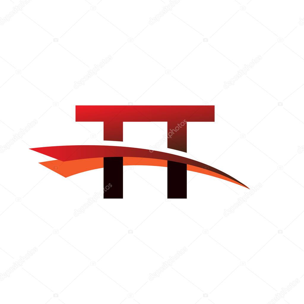 Initial letter TT logotype company name colored black and red swoosh design.