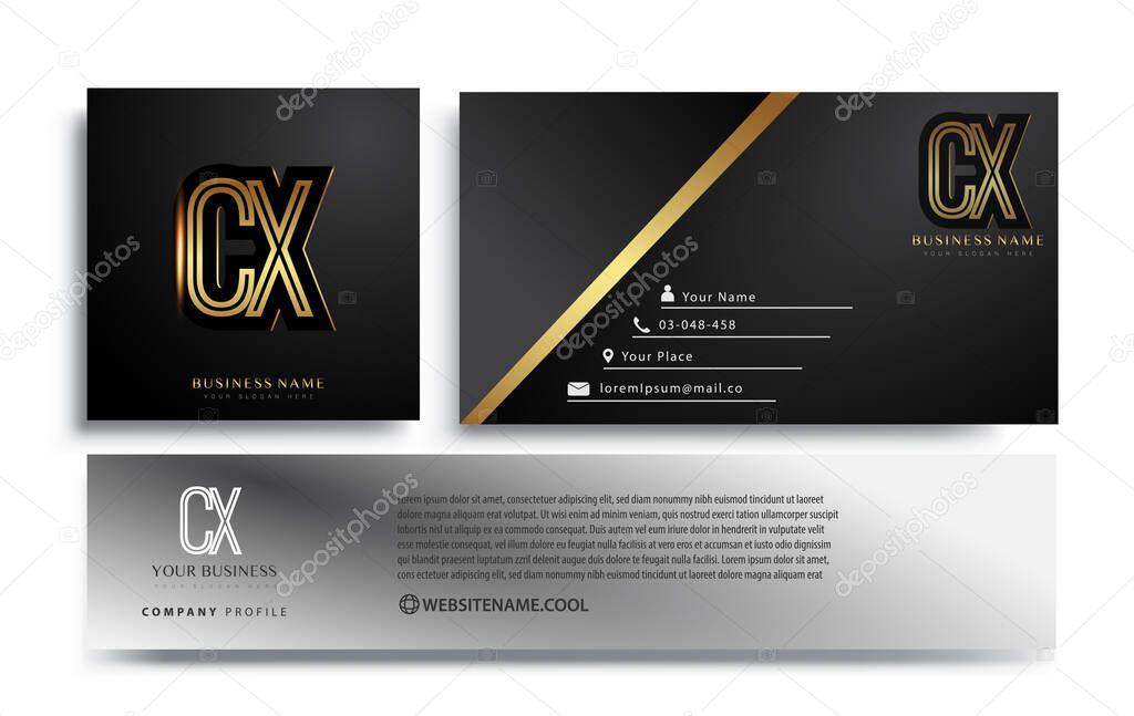 initial letter CX logotype company name colored gold elegant design. Vector sets for business identity on black background.