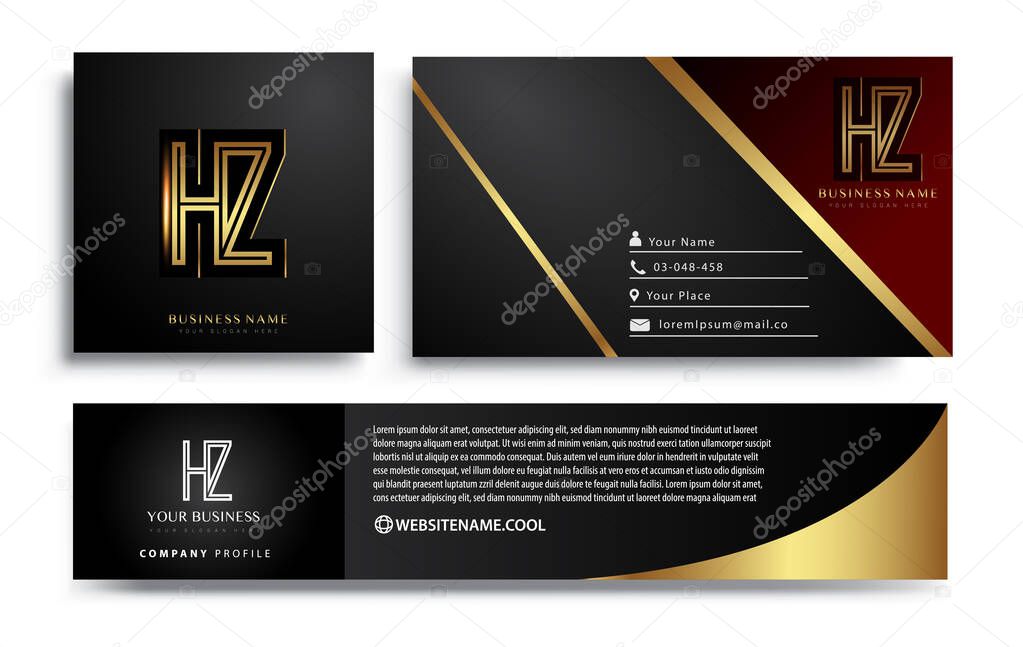 initial letter HZ logotype company name colored gold elegant design. Vector sets for business identity on black background.