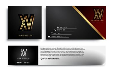 İlk harf XV logotype şirketi. Renkli altın zarif tasarım. Siyah arkaplanda iş kimliği için vektör ayarları.