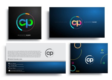 Renkli çemberli CP logosu, yüzüklü harf kombinasyonu tasarımı, şirket kimliği için kartvizit setleri, yaratıcı endüstri, web, beyaz arka planda izole edilmiş..