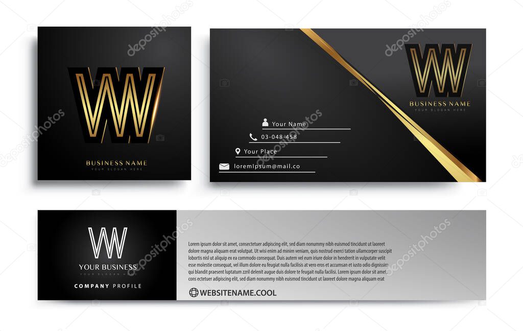 initial letter VW logotype company name colored gold elegant design. Vector sets for business identity on black background.
