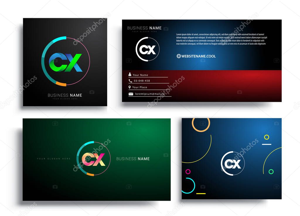 Letter CX logotype with colorful circle, letter combination logo design with ring, sets of business card for company identity, creative industry, web, isolated on white background.