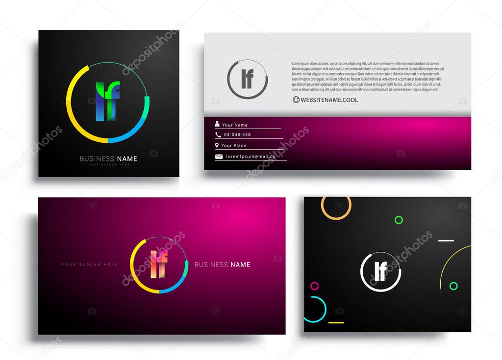 Letter LF logotype with colorful circle, letter combination logo design with ring, sets of business card for company identity, creative industry, web, isolated on white background.