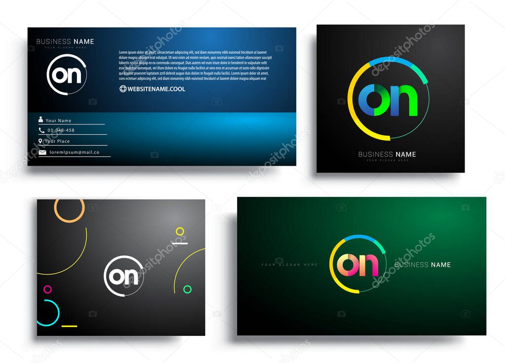Letter ON logotype with colorful circle, letter combination logo design with ring, sets of business card for company identity, creative industry, web, isolated on white background.