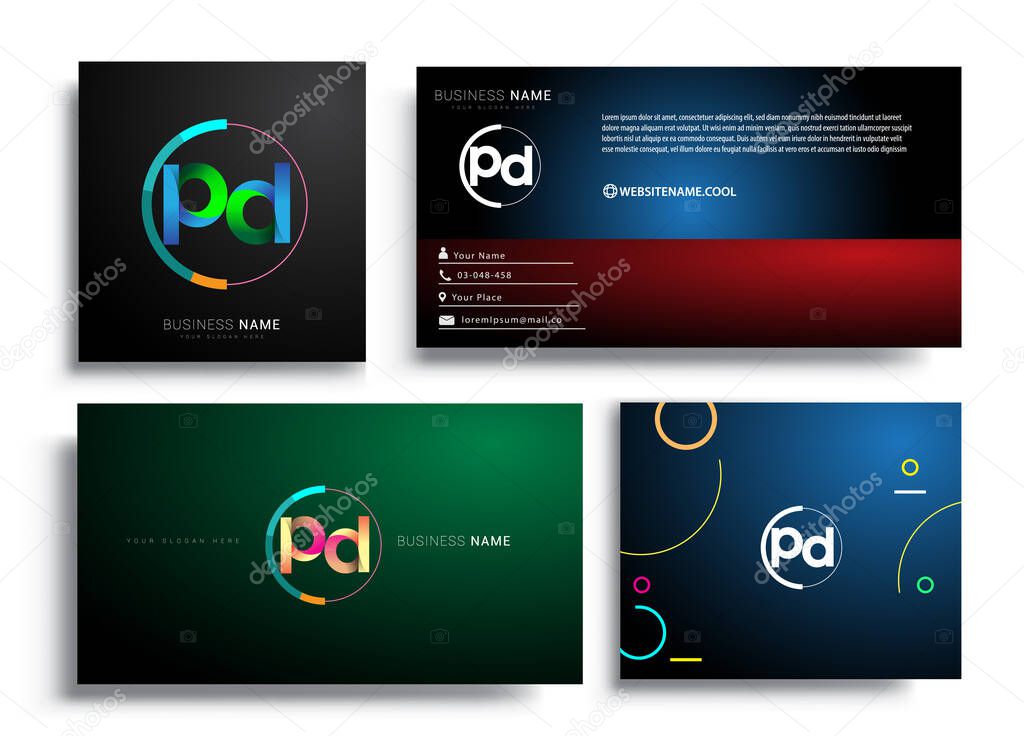 Letter PD logotype with colorful circle, letter combination logo design with ring, sets of business card for company identity, creative industry, web, isolated on white background.