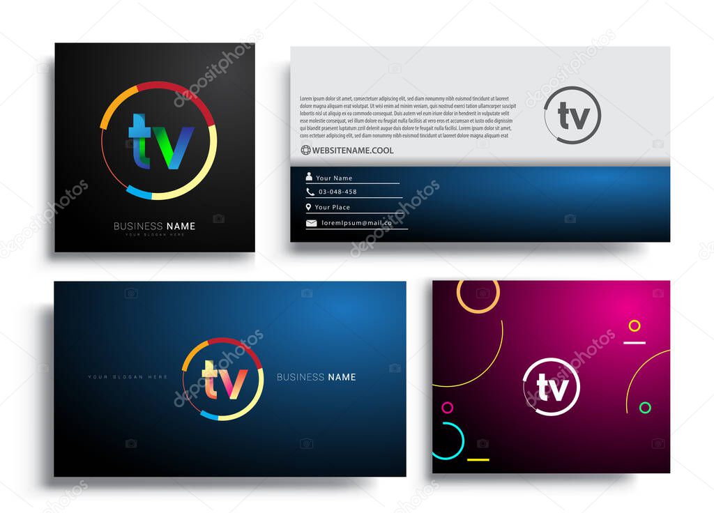 Letter TV logotype with colorful circle, letter combination logo design with ring, sets of business card for company identity, creative industry, web, isolated on white background.