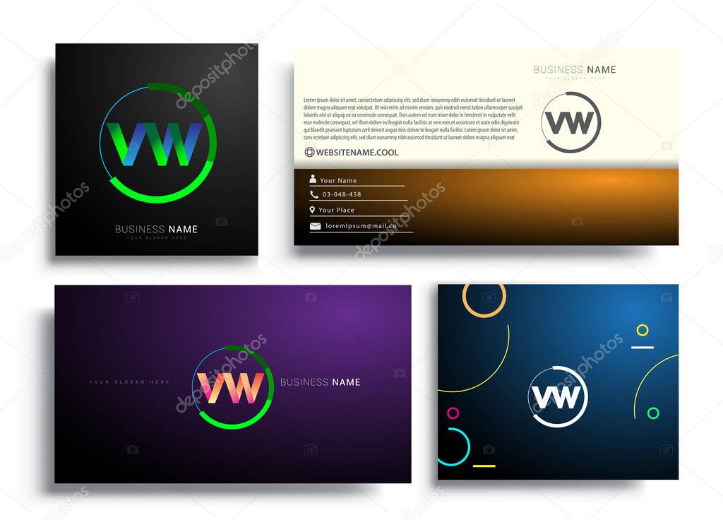 Letter VW logotype with colorful circle, letter combination logo design with ring, sets of business card for company identity, creative industry, web, isolated on white background.