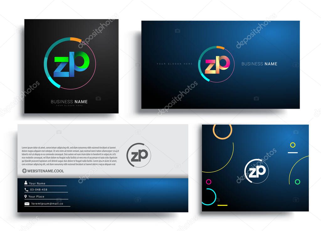 Letter ZP logotype with colorful circle, letter combination logo design with ring, sets of business card for company identity, creative industry, web, isolated on white background.