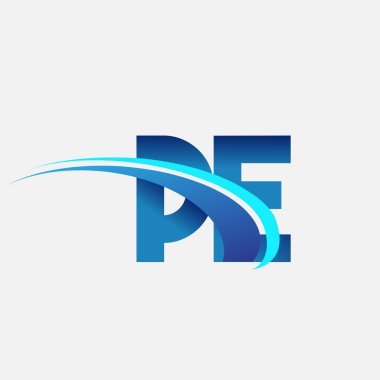 İlk harf PE logotype şirketi adı mavi ve swoosh tasarımı. iş ve şirket kimliği için vektör logosu.