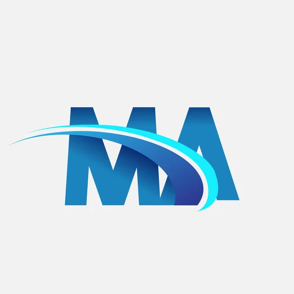頭文字のMa型ロゴタイプ社名はブルーとスウッシュのデザイン ビジネスと会社のアイデンティティのためのベクトルロゴ — ストックベクタ