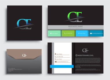Temiz ve basit modern Business Card Şablonu, CE logotype firmasının ilk harfi ile mavi ve yeşil renkli Swoosh tasarımı. İş kimliği, Kırtasiye Tasarımı için vektör ayarları.