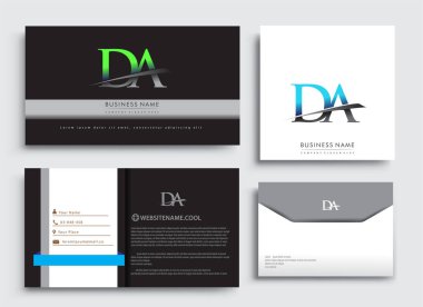 Temiz ve basit bir modern iş kartı şablonu. İlk harfi DA logotype şirketi. Adı mavi ve yeşil renkte. İş kimliği, Kırtasiye Tasarımı için vektör ayarları.